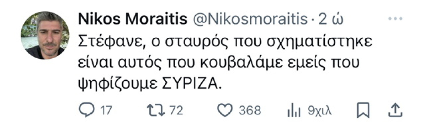 Αιχμές κατά του προέδρου του ΣΥΡΙΖΑ άφησε ο στιχουργός, Νίκος Μωραΐτης. Ο γνωστός στιχουργός αναφέρθηκε στην βάφτιση Στέφανου Κασσελάκη ο γνωστός στιχουργός, Νίκος Μωραΐτης, όπου σύμφωνα με τον πρόεδρο του ΣΥΡΙΖΑ κατά τη διάρκεια της τέλεσης του μυστηρίου εμφανίστηκε ένας σταυρός από το λάδι στο νερό της κολυμπήθρας. Απευθυνόμενος στον πρόεδρο του ΣΥΡΙΖΑ σημείωσε σε ανάρτησή του: «Στέφανε, ο σταυρός που σχηματίστηκε είναι αυτός που κουβαλάμε εμείς που ψηφίζουμε ΣΥΡΙΖΑ». Η ατάκα Κασσελάκη με τη βάφτιση Στο π