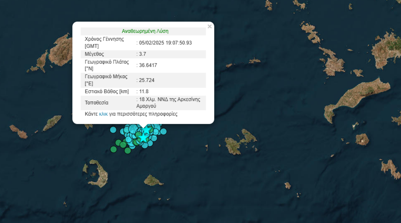 Σεισμός 3,7 Ρίχτερ σημειώθηκε στις 21.08 της Δευτέρας. Το Γεωδυναμικό Ινστιτούτο Αθηνών έδωσε αρχικά το επίκεντρο της δόνησης στον θαλάσσιο χώρο, 17 χιλιόμετρα  βορειανατολικά του Λαυρίου.  Σύμφωνα με την αυτόματη λύση του Γεωδυναμικού Ινστιτούτου το εστιακό βάθος της δόνησης, που έγινε αισθητή σε αρκετές περιοχές στην Αττική, ήταν στα 10 χιλιόμετρα. Αρκετή ώρα αργότερα η αρχική εκτίμηση αναθεωρήθηκε από το Γεωδυναμικό και το επίκεντρο της δόνησης μεταφέρθηκε στη θαλάσσια περιοχή της Σαντορίνης - Αμοργού κα